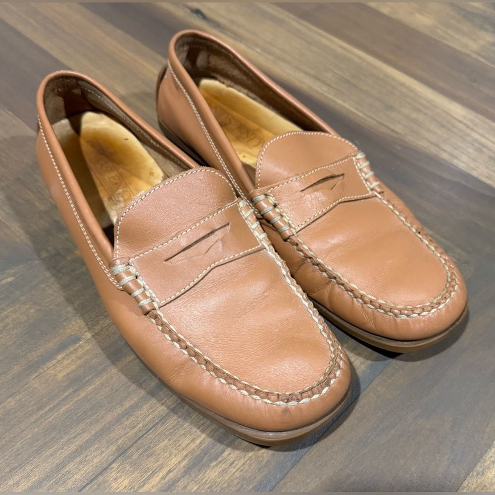 Lands End Leather Shoes Womens 7.5 Penny Loafer Sole Grips Brazil Camel Brown